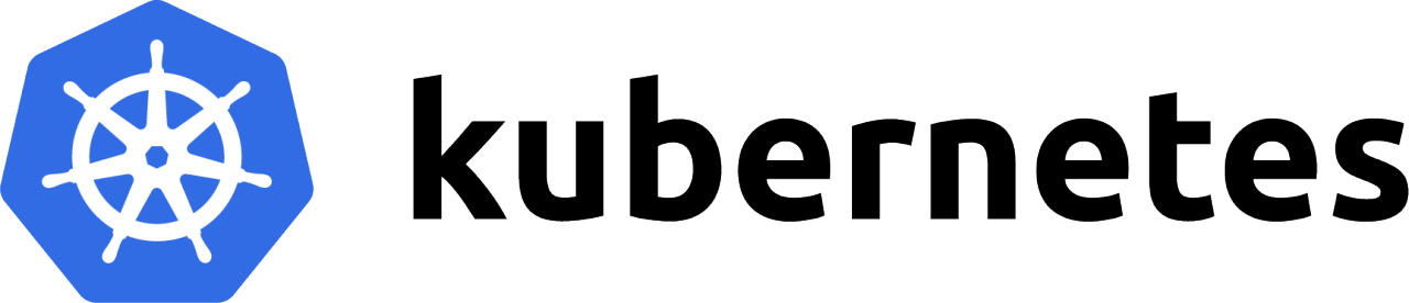 Kubernetes logo featuring a blue hexagon with a ship's wheel and the word 'kubernetes' in bold black lettering.